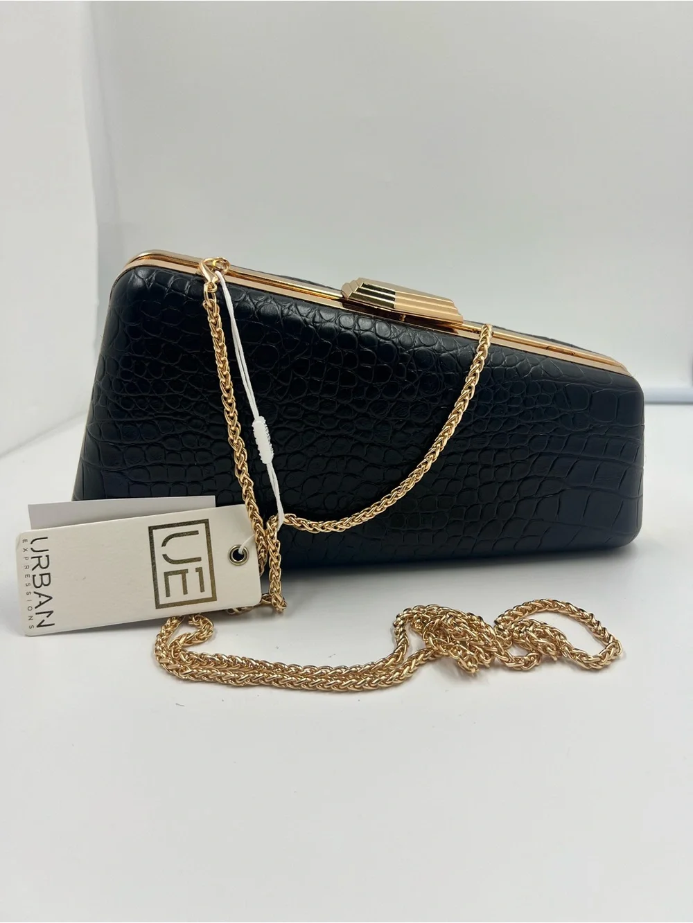 Urban Expressions Black Croc-Embossed Clutch with Gold Chain
